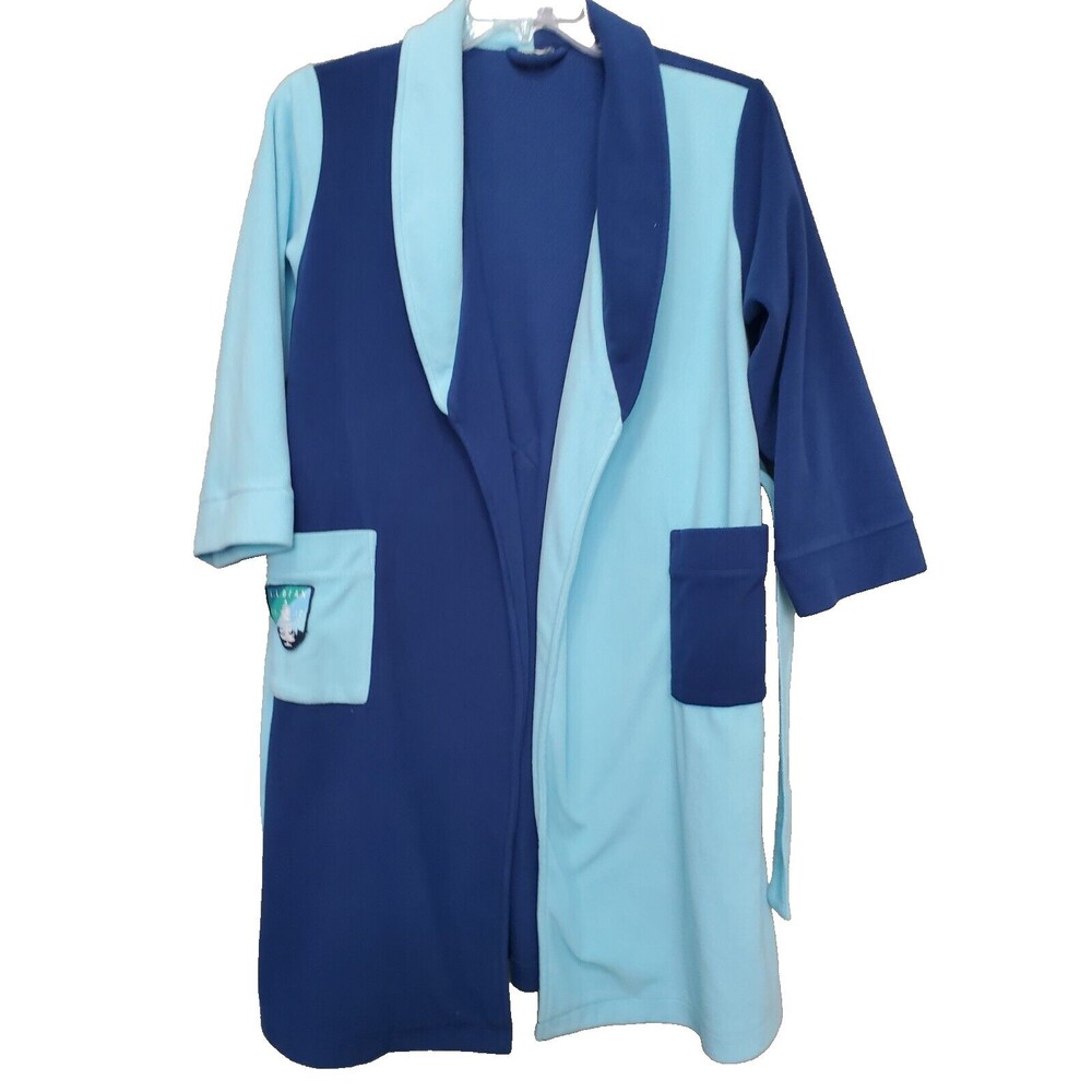 LL Bean Kids Blue Colorblock Belted Fleece Robe w/Patch & Pockets Size XL